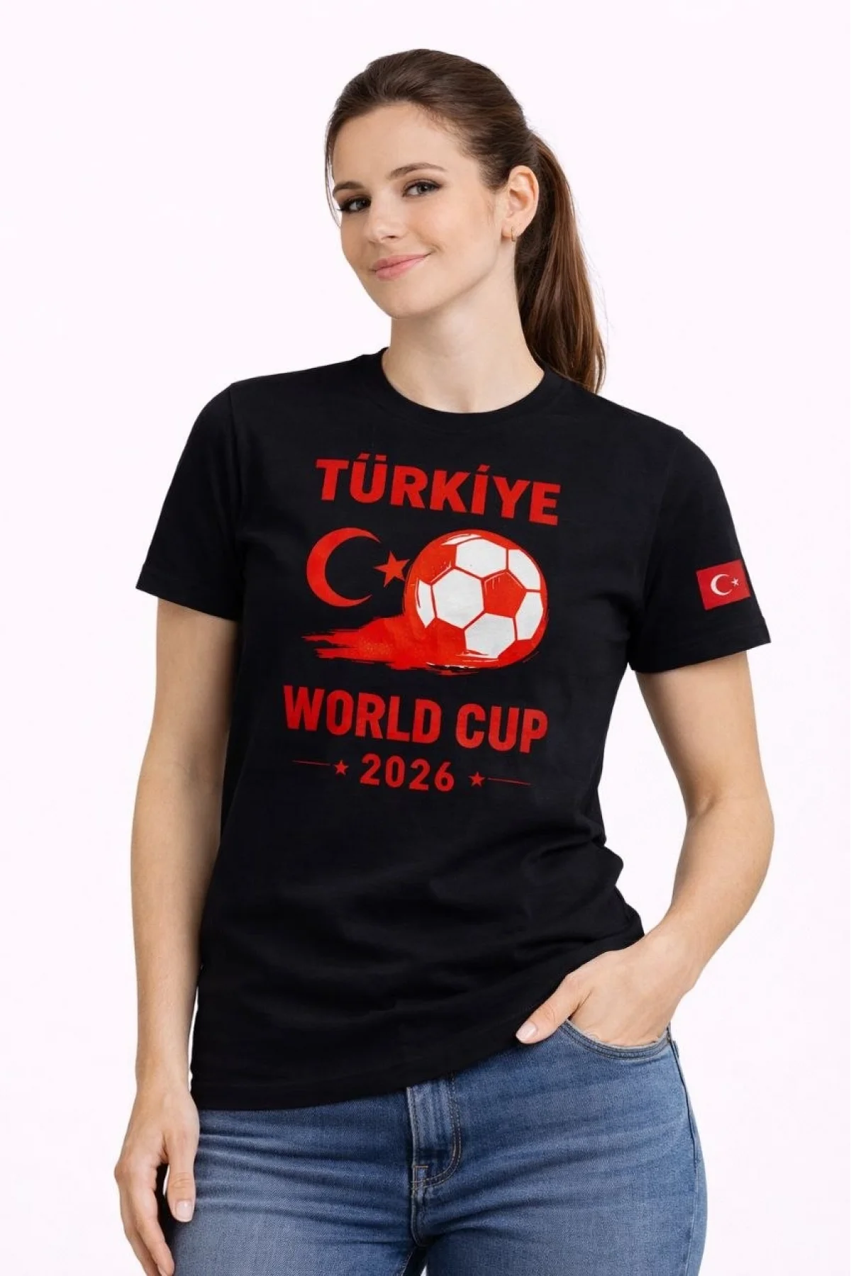 Kadın Türkiye World Cup 2026 Baskılı Tişört Futbol Temalı Forma T-Shirt - Siyah