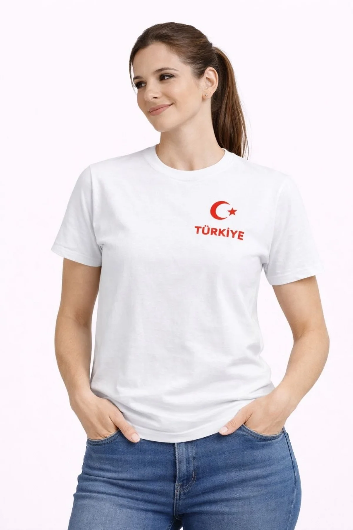Kadın TÜRKİYE Ay Yıldız Baskılı Taraftar Forma T-Shirt - Beyaz
