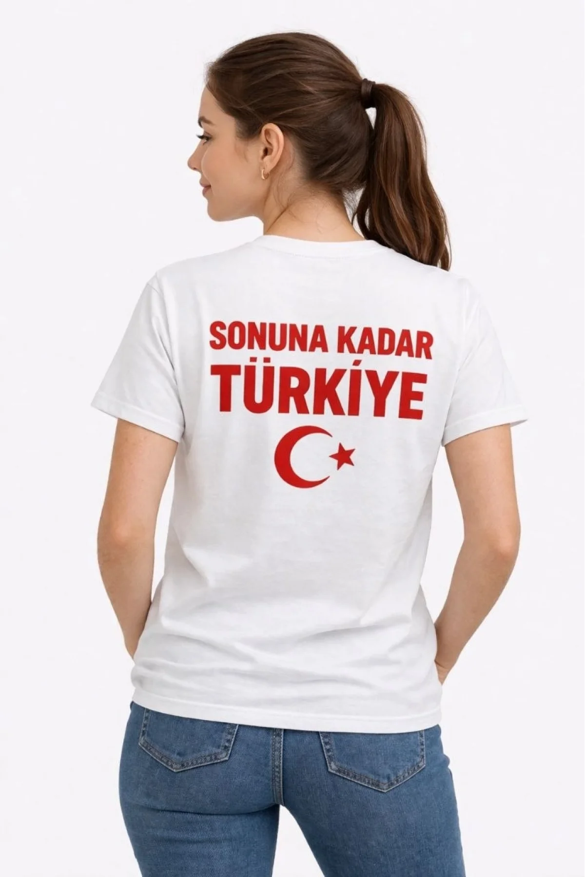 Kadın TÜRKİYE Ay Yıldız Baskılı Taraftar Forma T-Shirt - Beyaz