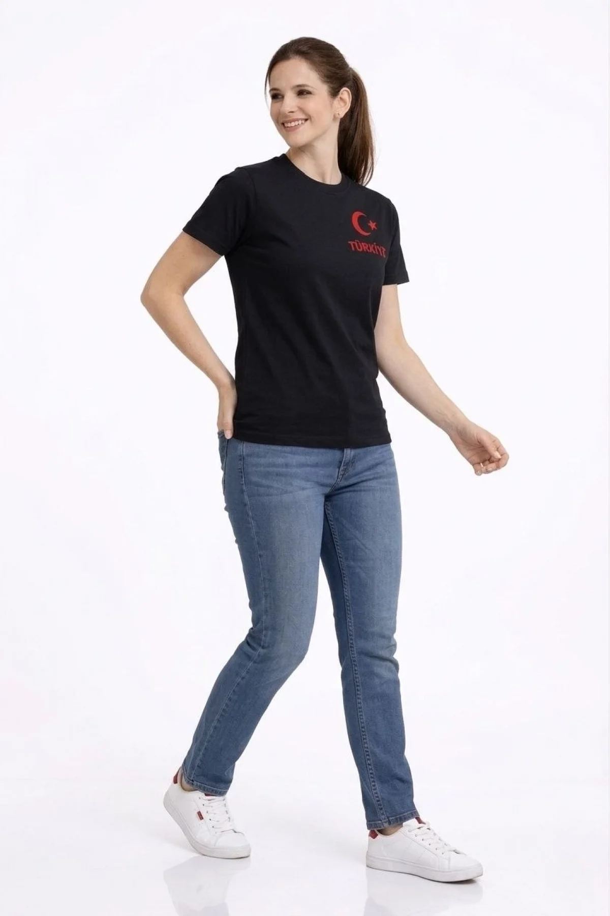 Kadın TÜRKİYE Ay Yıldız Baskılı Taraftar Forma T-Shirt - Siyah