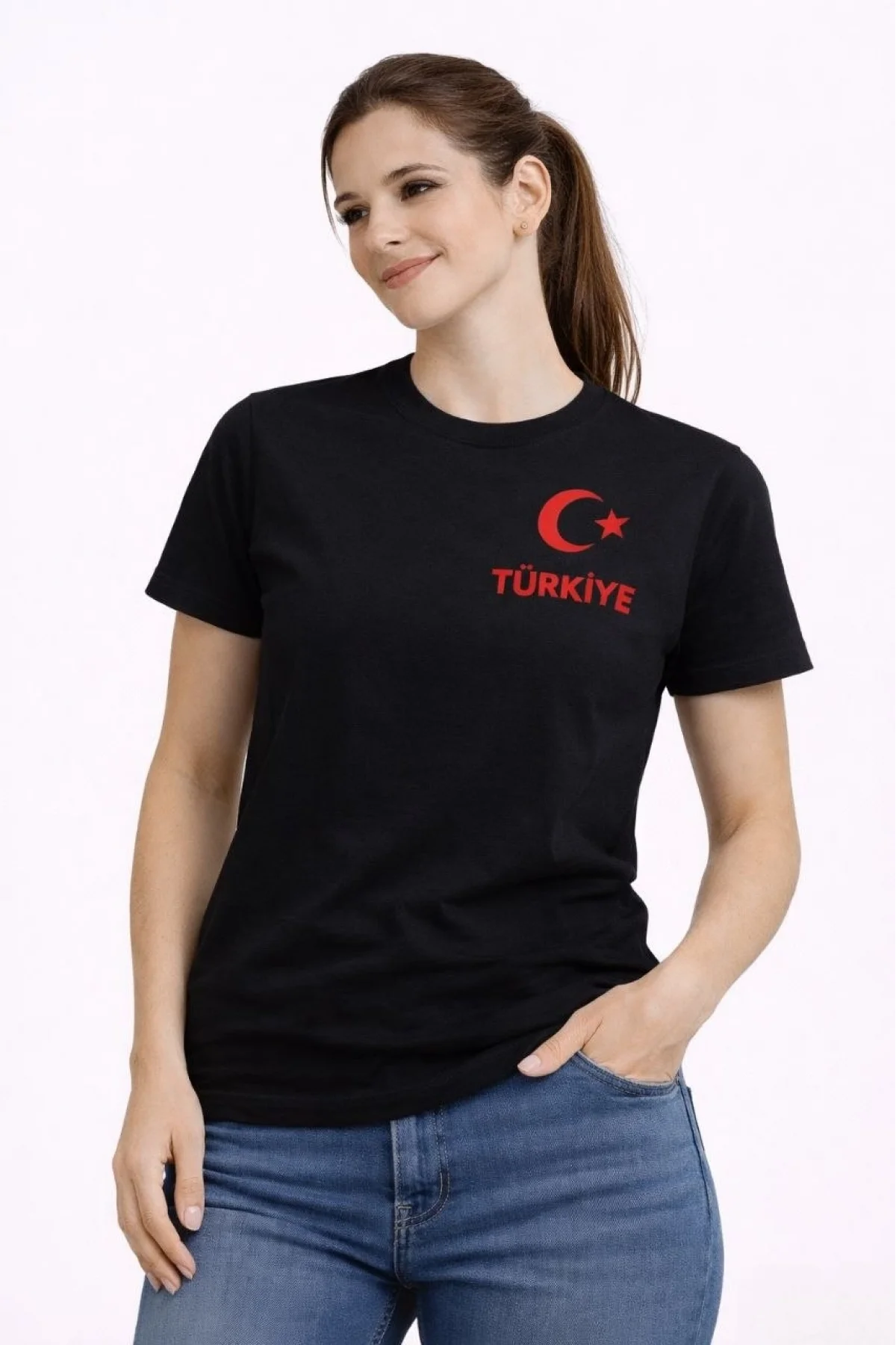 Kadın TÜRKİYE Ay Yıldız Baskılı Taraftar Forma T-Shirt - Siyah
