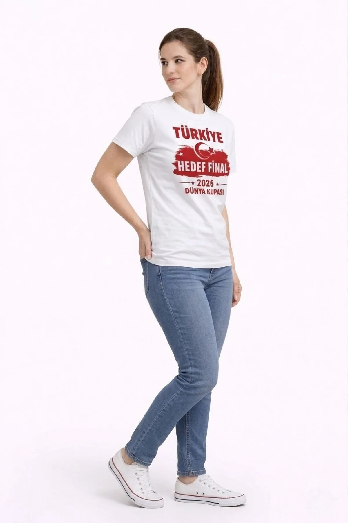 Kadın TÜRKİYE Baskılı Tişört Ay Yıldız 2026 Dünya Kupası Taraftar Forma T-Shirt - Beyaz
