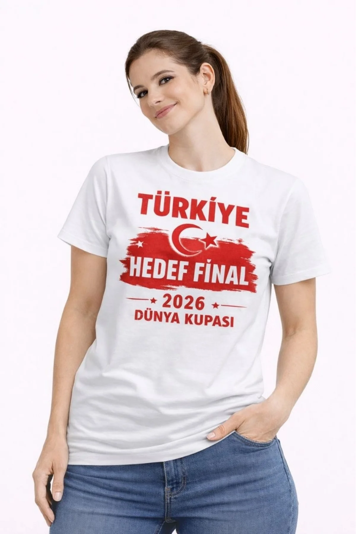 Kadın TÜRKİYE Baskılı Tişört Ay Yıldız 2026 Dünya Kupası Taraftar Forma T-Shirt - Beyaz