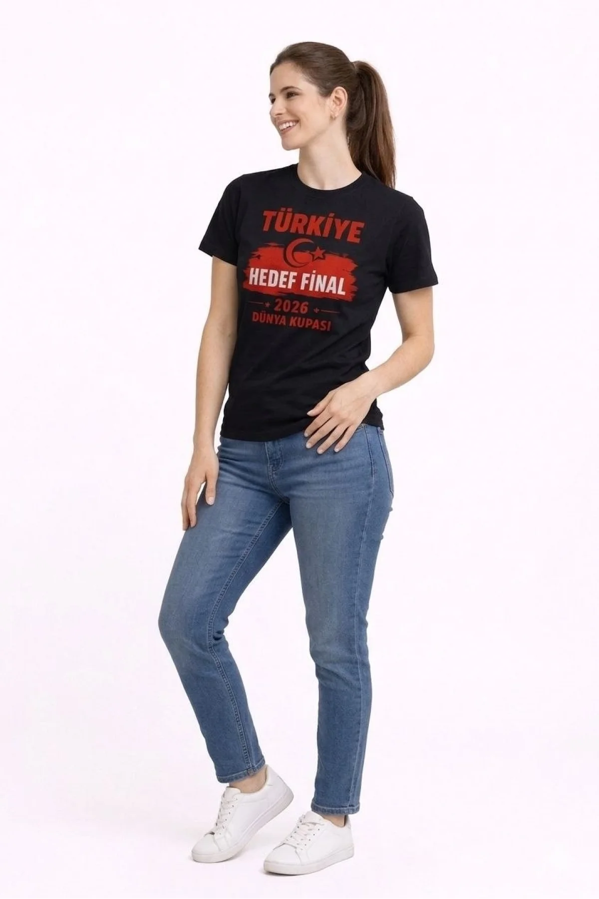 Kadın TÜRKİYE Baskılı Tişört Ay Yıldız 2026 Dünya Kupası Taraftar Forma T-Shirt - Siyah