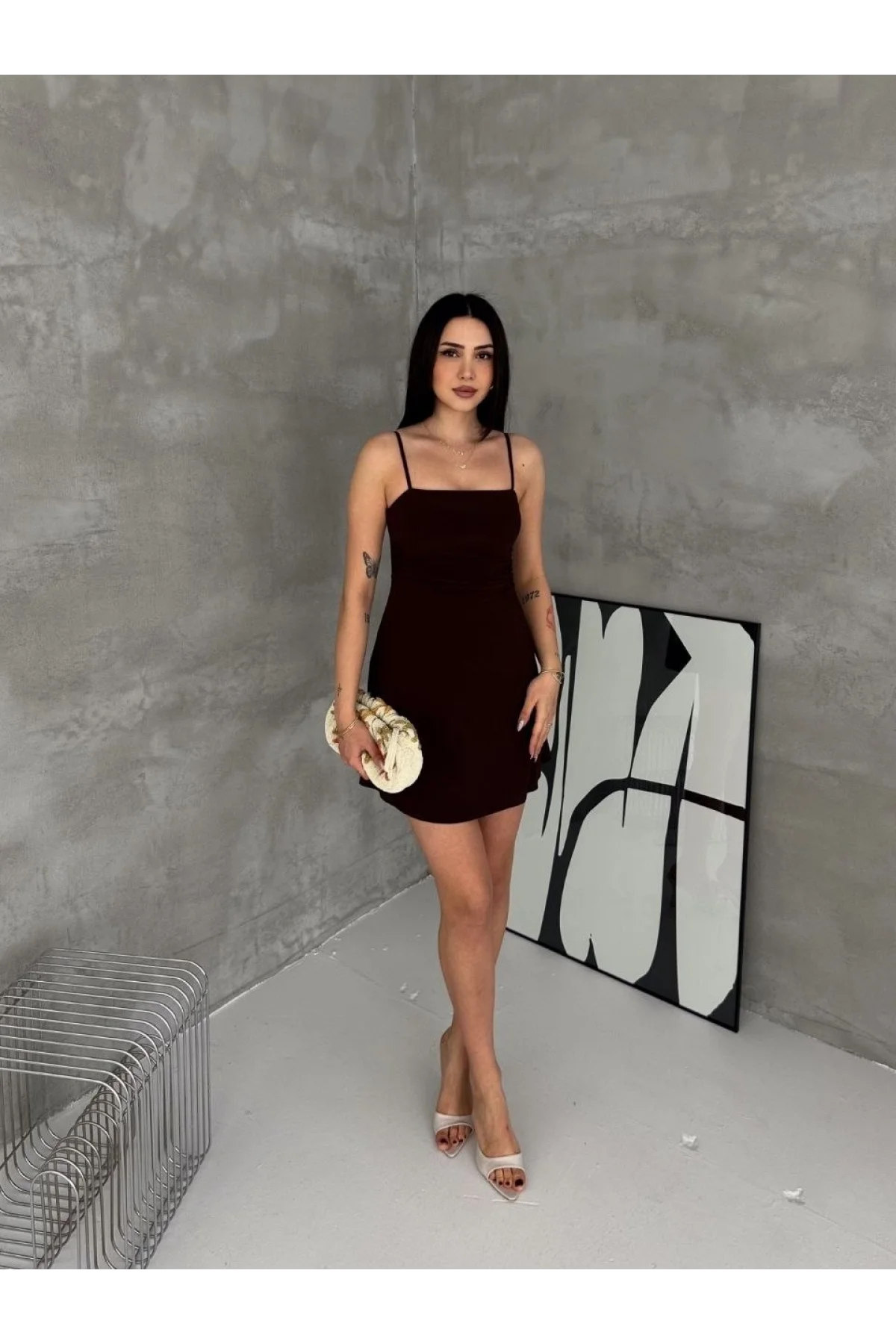 Kadın Askılı Şifon Mini Elbise Drapeli Bel Vücuda Oturan Yazlık Şık - Siyah