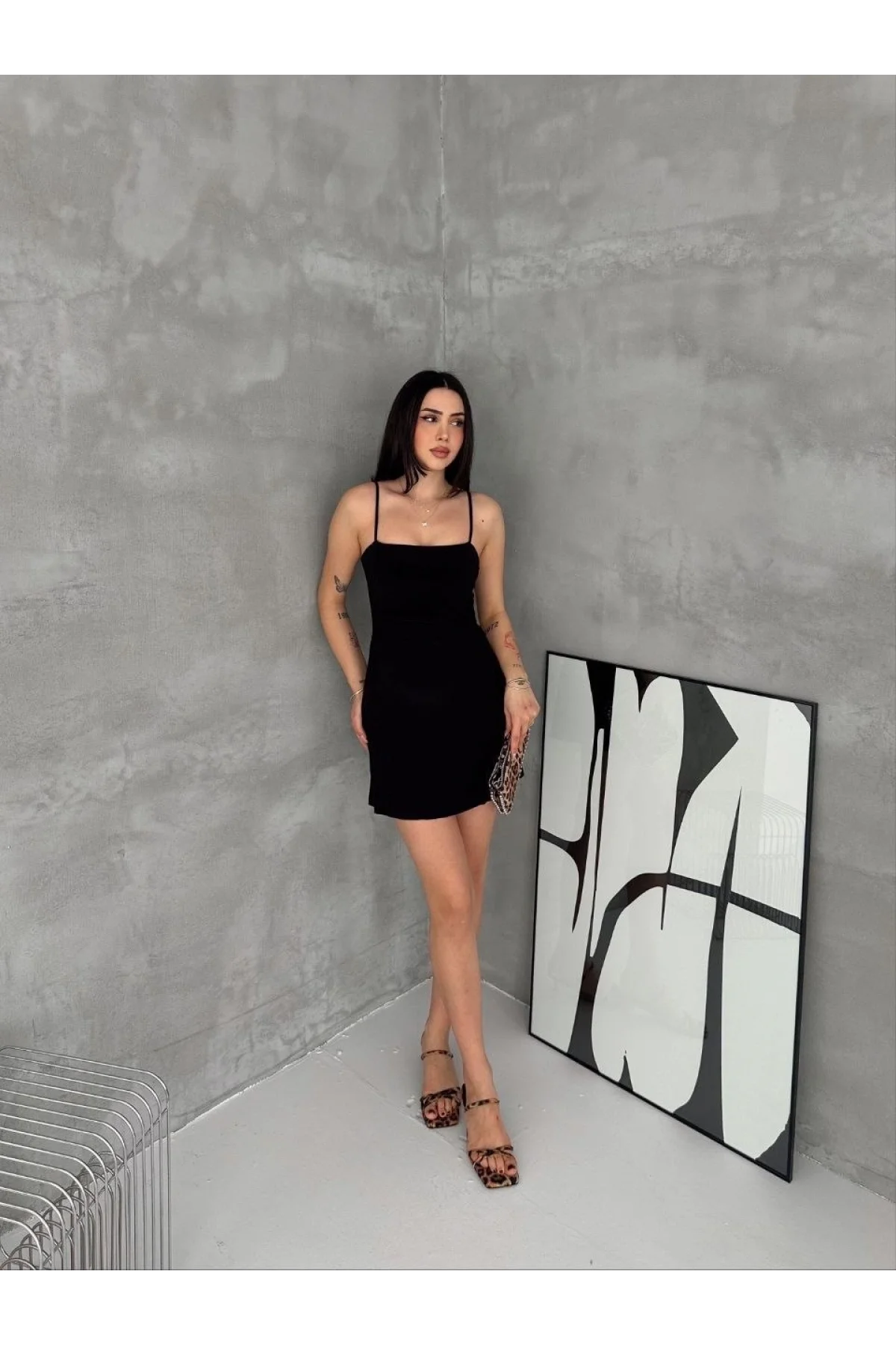 Kadın Askılı Şifon Mini Elbise Drapeli Bel Vücuda Oturan Yazlık Şık - Siyah