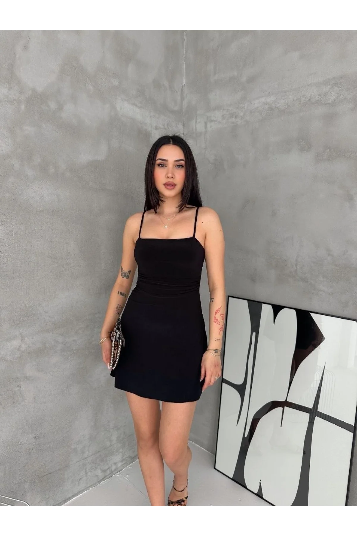 Kadın Askılı Şifon Mini Elbise Drapeli Bel Vücuda Oturan Yazlık Şık - Siyah