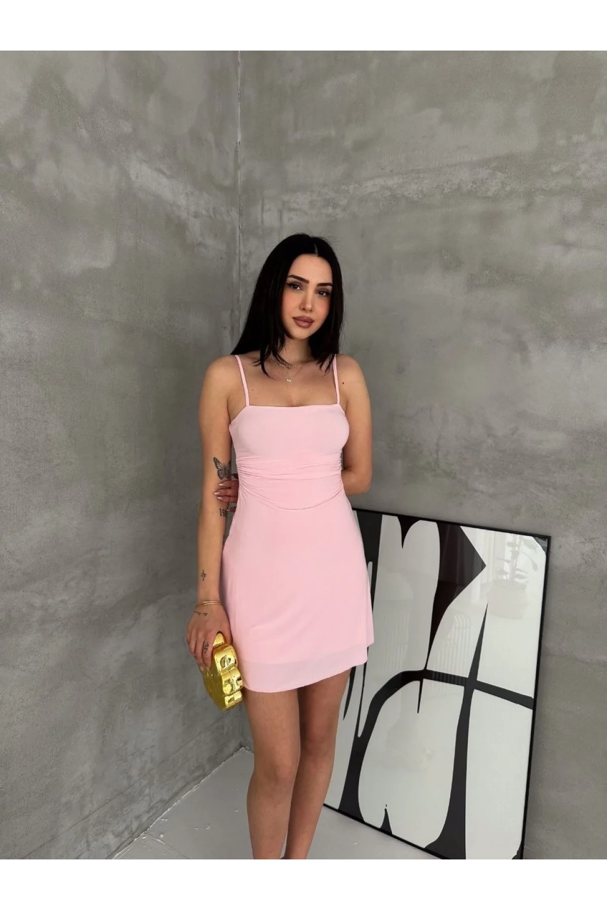 Kadın Askılı Şifon Mini Elbise Drapeli Bel Vücuda Oturan Yazlık Şık - Pembe