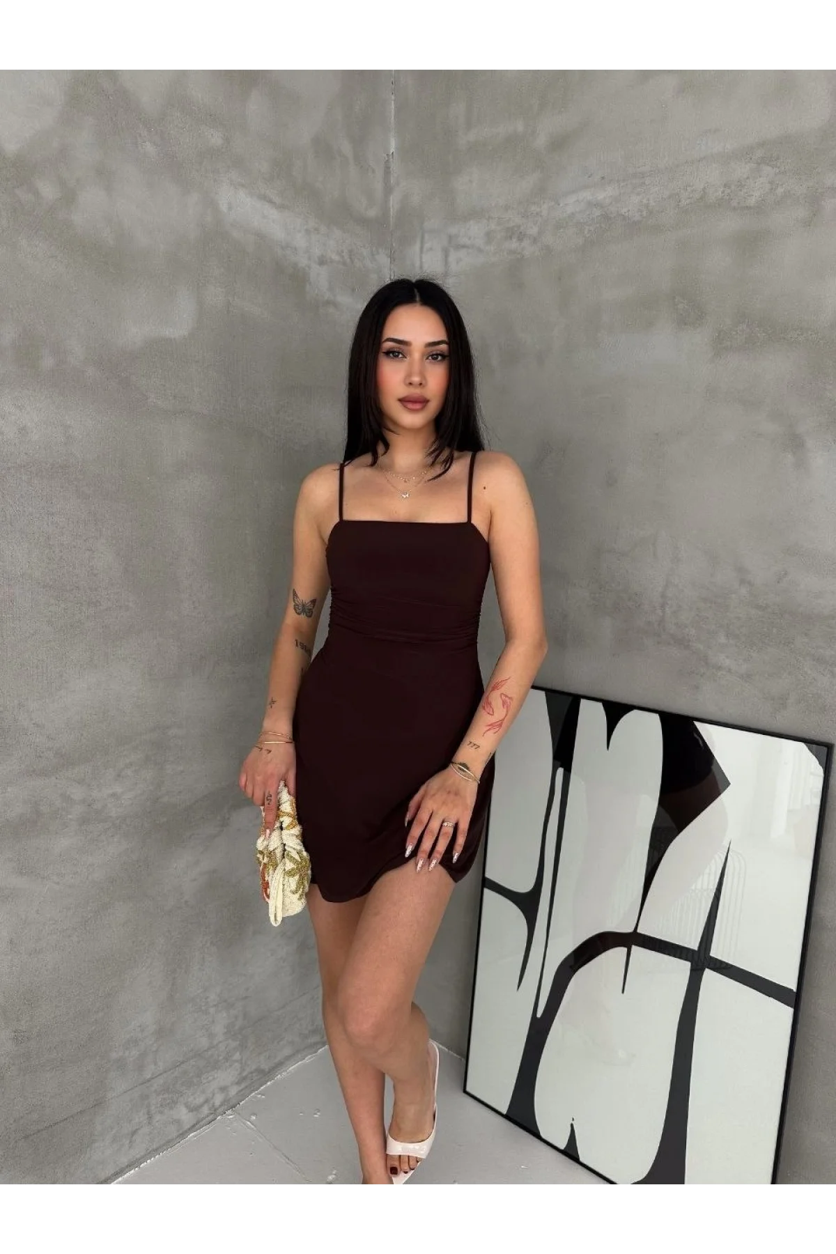 Kadın Askılı Şifon Mini Elbise Drapeli Bel Vücuda Oturan Yazlık Şık - Kahverengi