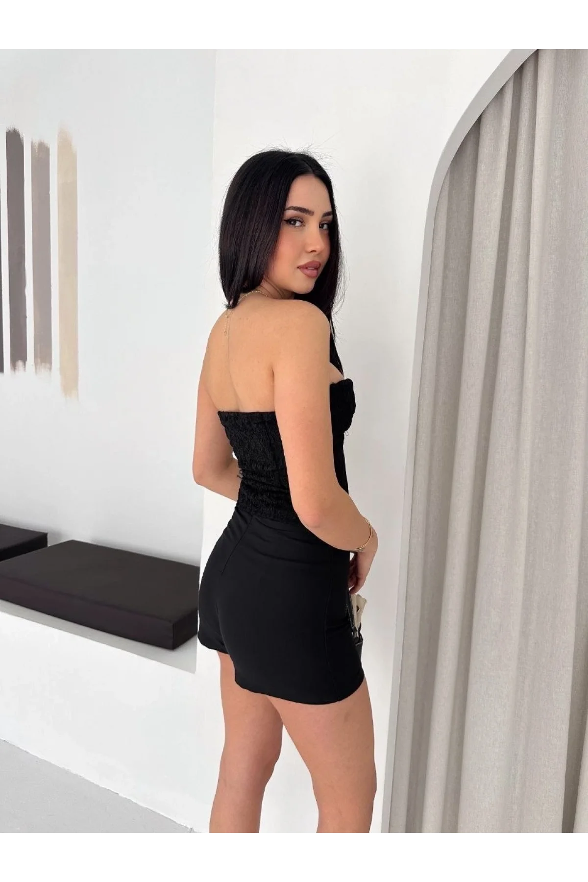 Kadın Fermuarlı Dantel Korse Straplez Bustiyer Transparan Şık Top - Siyah