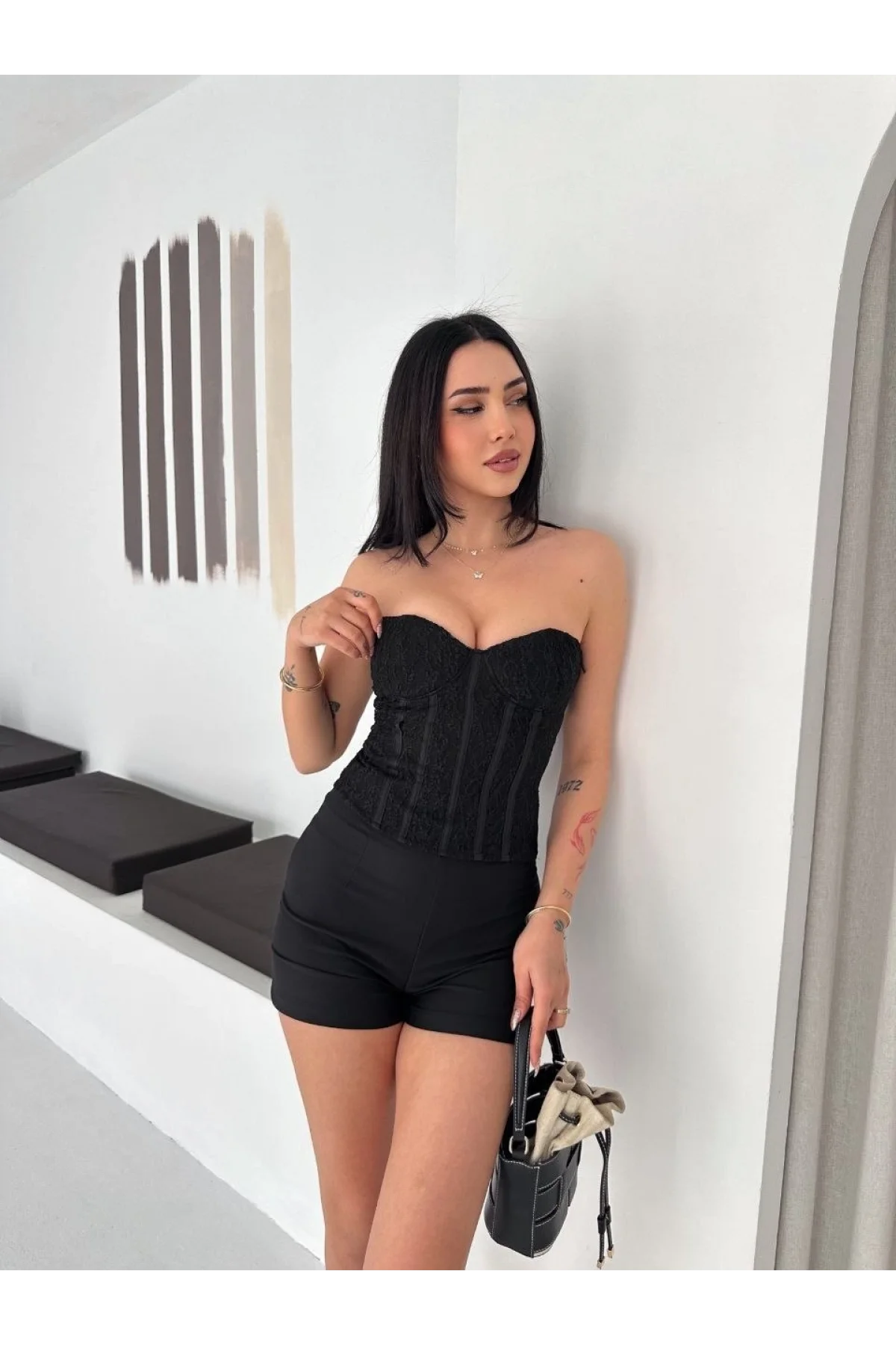 Kadın Fermuarlı Dantel Korse Straplez Bustiyer Transparan Şık Top - Siyah