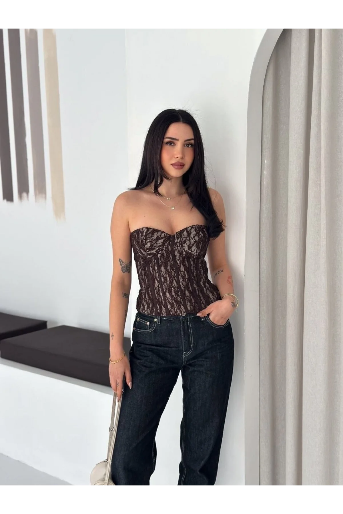 Kadın Fermuarlı Dantel Korse Straplez Bustiyer Transparan Şık Top - Kahverengi