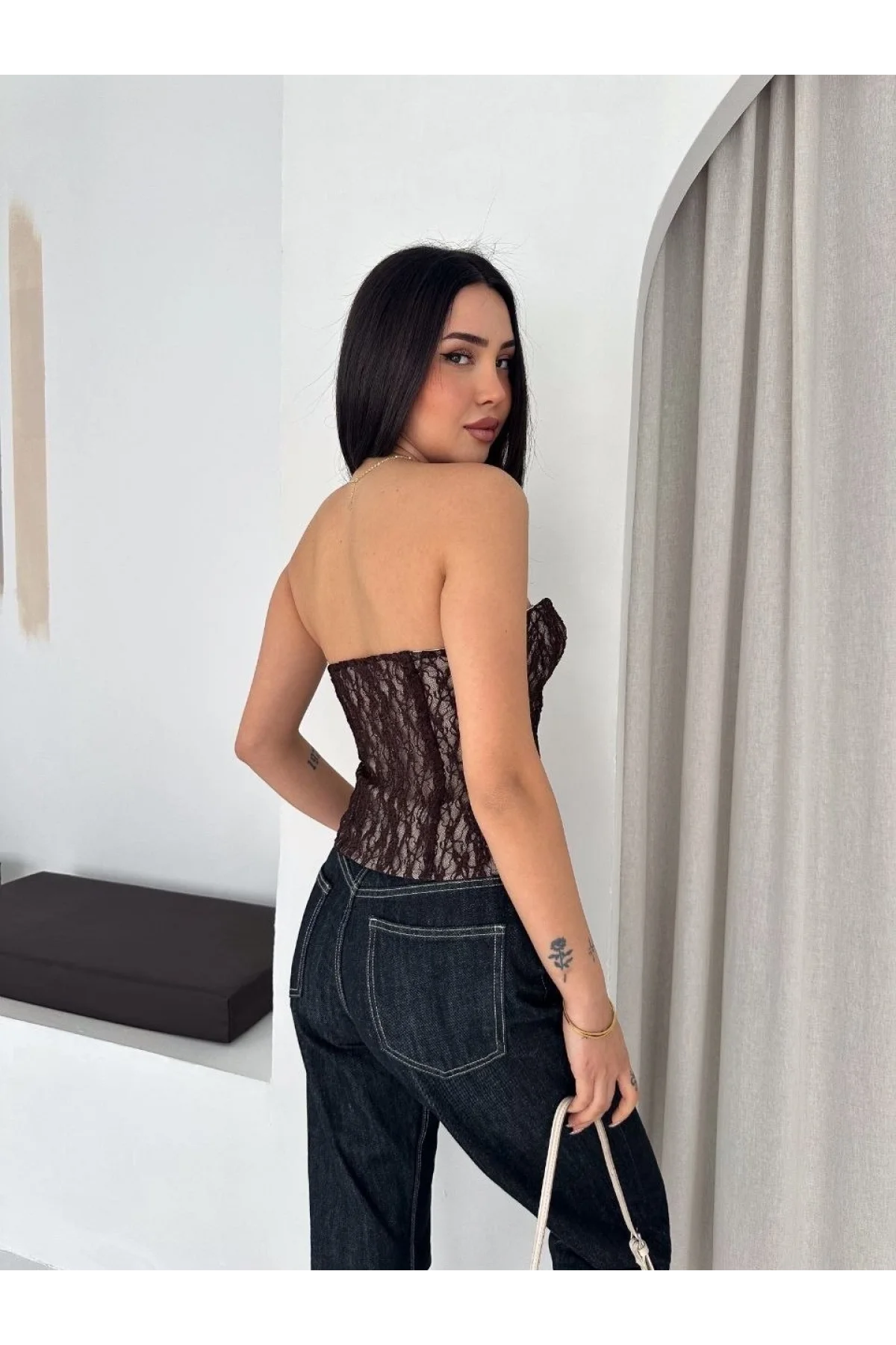 Kadın Fermuarlı Dantel Korse Straplez Bustiyer Transparan Şık Top - Kahverengi