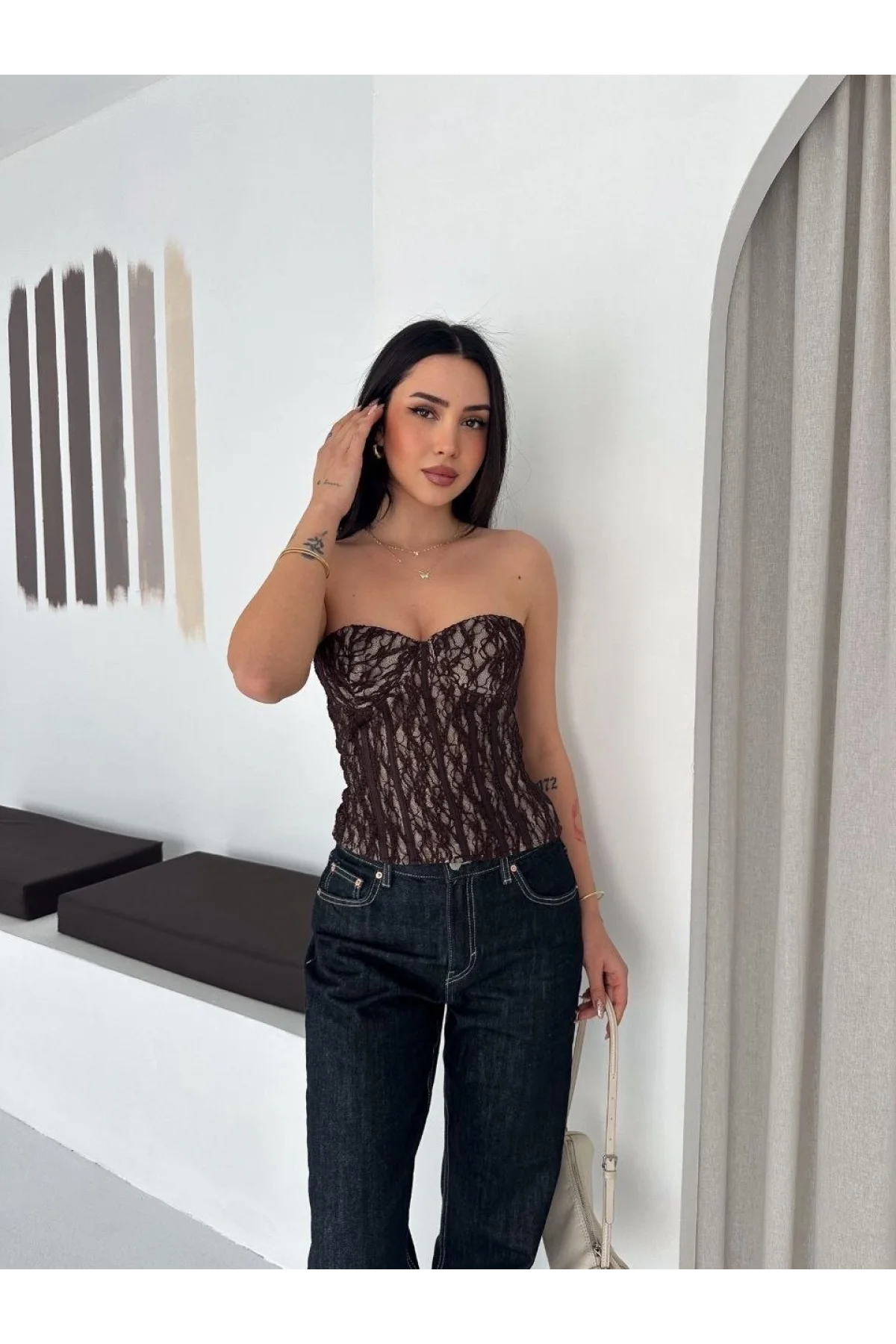 Kadın Fermuarlı Dantel Korse Straplez Bustiyer Transparan Şık Top - Kahverengi