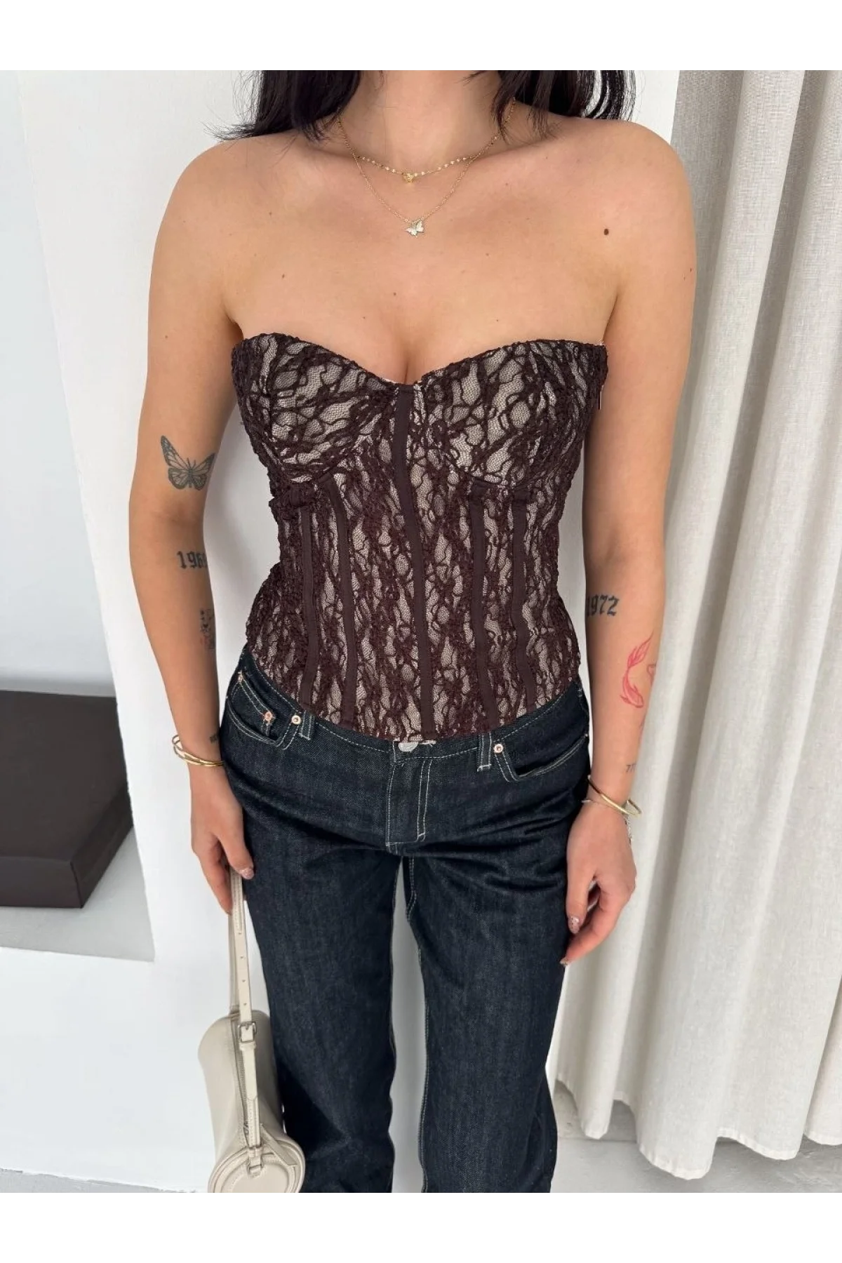 Kadın Fermuarlı Dantel Korse Straplez Bustiyer Transparan Şık Top - Kahverengi