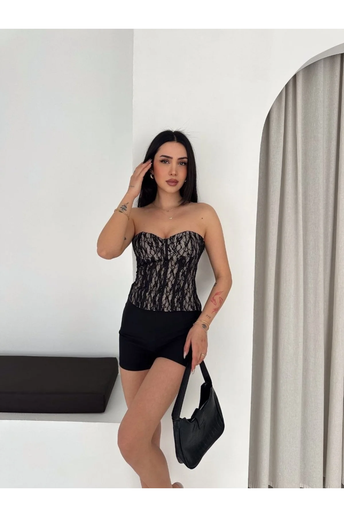 Kadın Fermuarlı Dantel Korse Straplez Bustiyer Transparan Şık Top - Bej