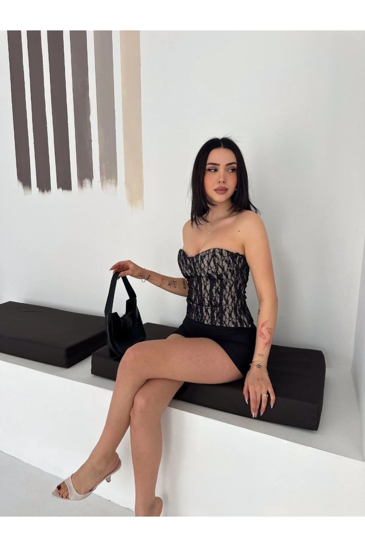 Kadın Fermuarlı Dantel Korse Straplez Bustiyer Transparan Şık Top - Bej