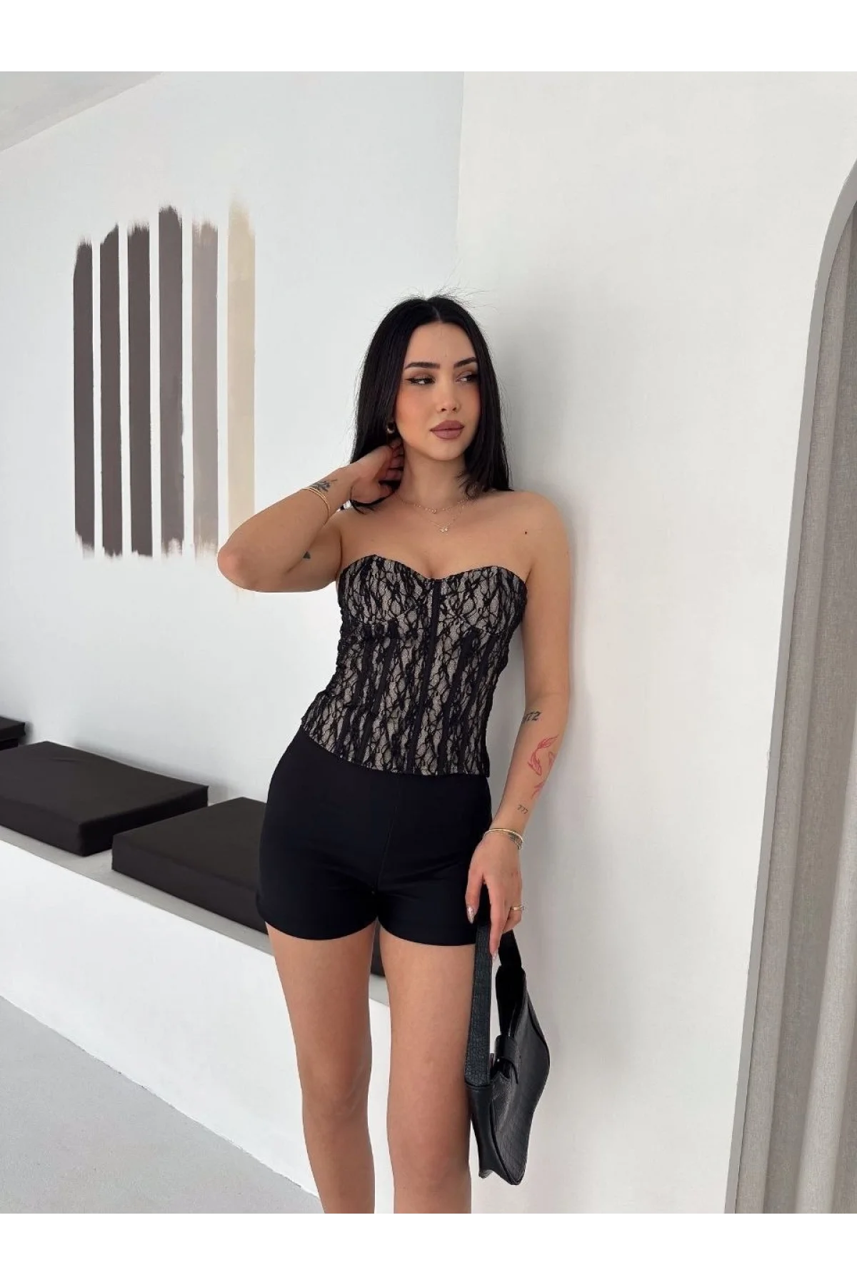 Kadın Fermuarlı Dantel Korse Straplez Bustiyer Transparan Şık Top - Bej