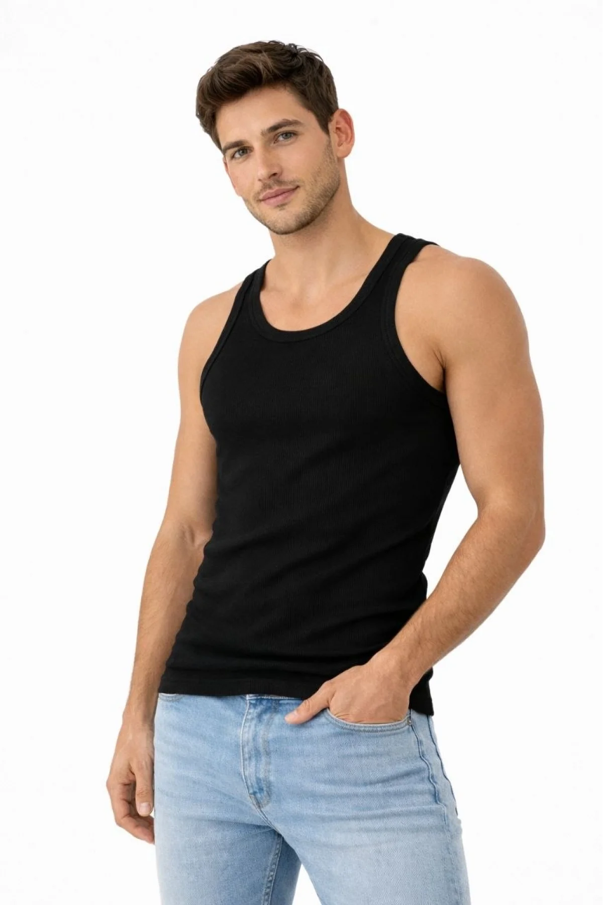 Erkek Fitilli Likralı Kaşkorse Atlet Vücuda Oturan Basic Şıklık - Siyah