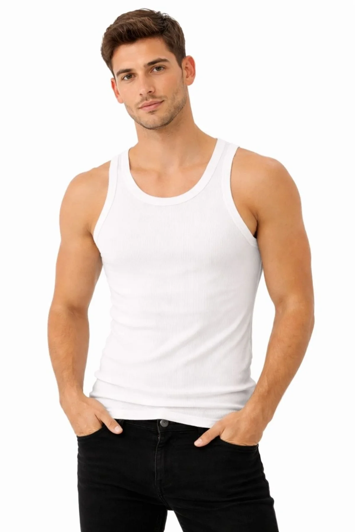 Erkek Fitilli Likralı Kaşkorse Atlet Vücuda Oturan Basic Şıklık - Beyaz