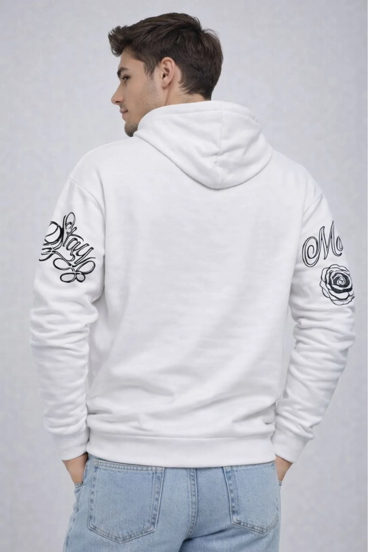 Erkek 3 İplik Pamuklu Kapüşonlu Baskılı SweatShirt hoodie - Beyaz