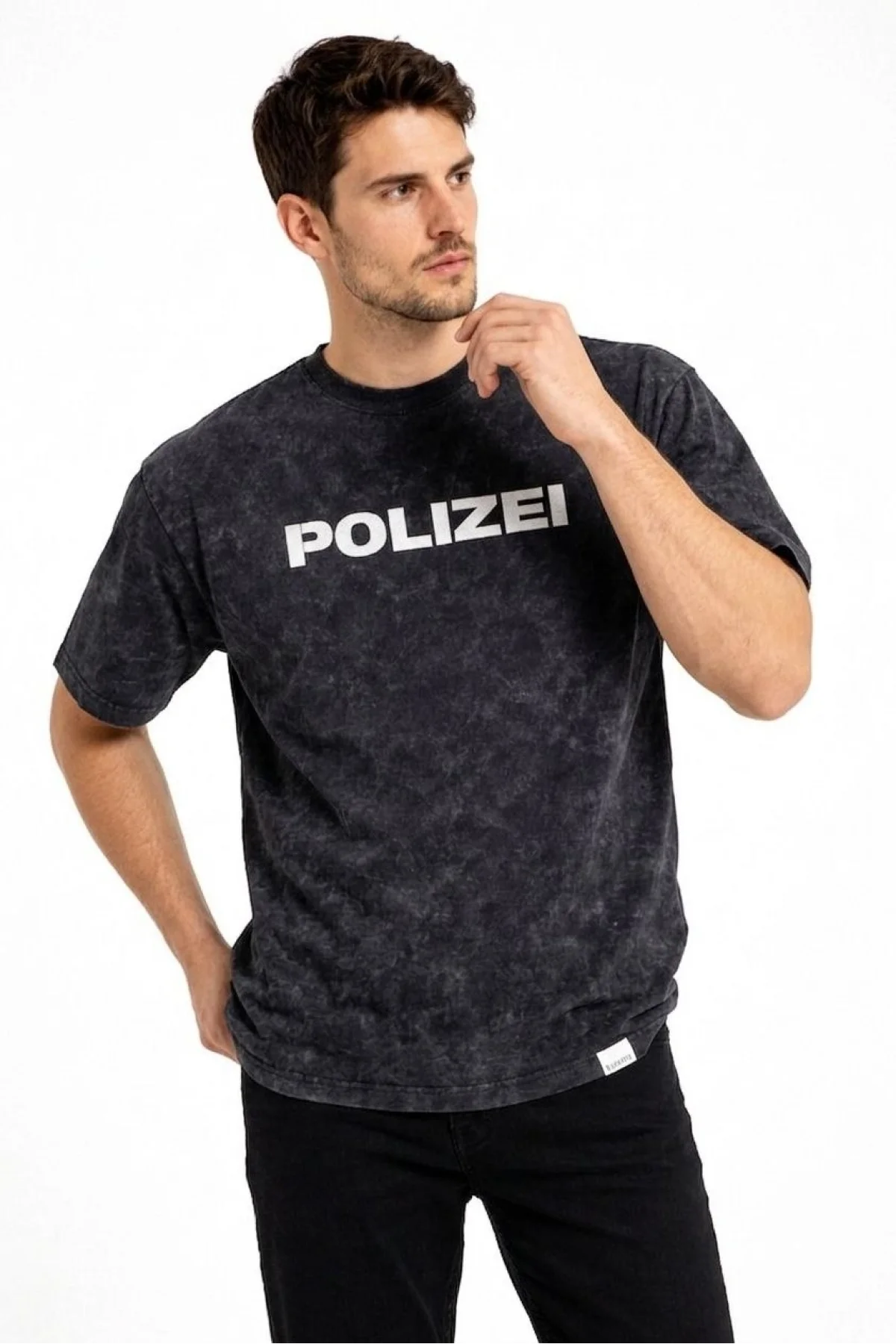 Erkek Asit Yıkamalı Baskılı Tişört Bisiklet Yaka Kısa Kollu Streetwear T-shirt - Siyah