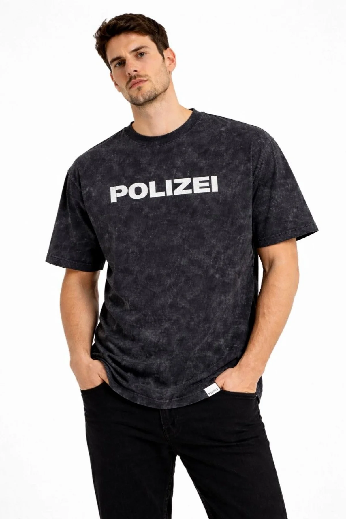 Erkek Asit Yıkamalı Baskılı Tişört Bisiklet Yaka Kısa Kollu Streetwear T-shirt - Siyah