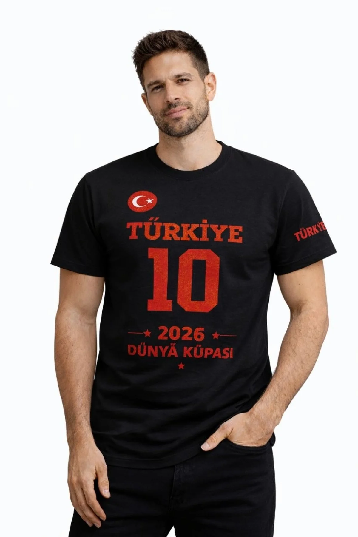 Erkek TÜRKİYE Baskılı Tişört 2026 Dünya Kupası Taraftar Forma T-Shirt - Siyah
