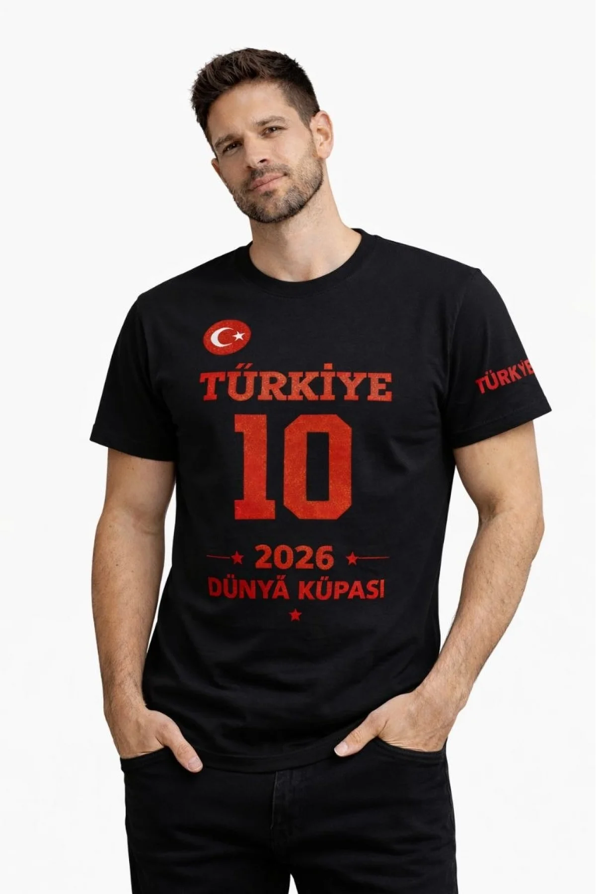 Erkek TÜRKİYE Baskılı Tişört 2026 Dünya Kupası Taraftar Forma T-Shirt - Siyah