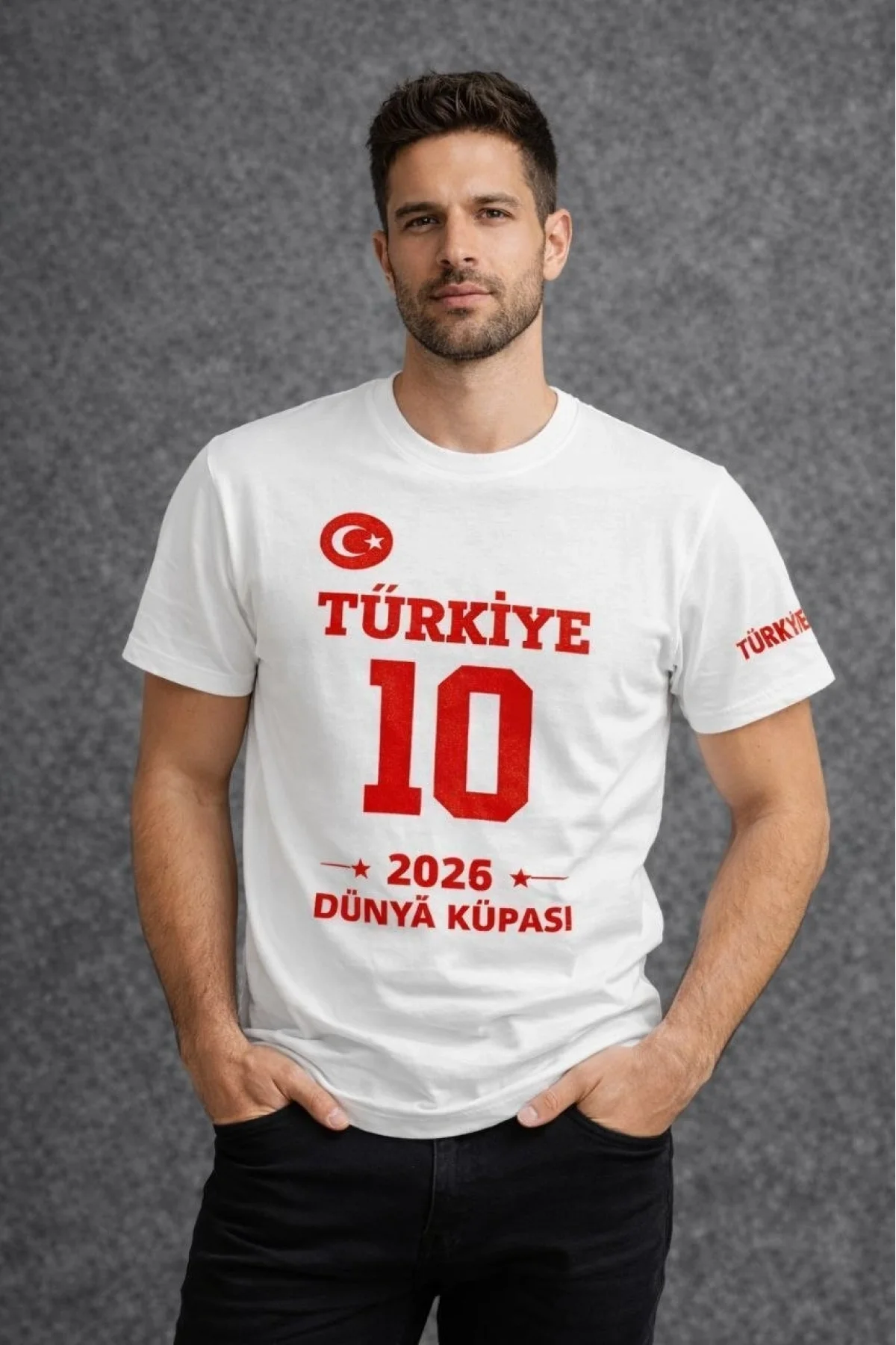 Erkek TÜRKİYE Baskılı Tişört 2026 Dünya Kupası Taraftar Forma T-Shirt - Beyaz