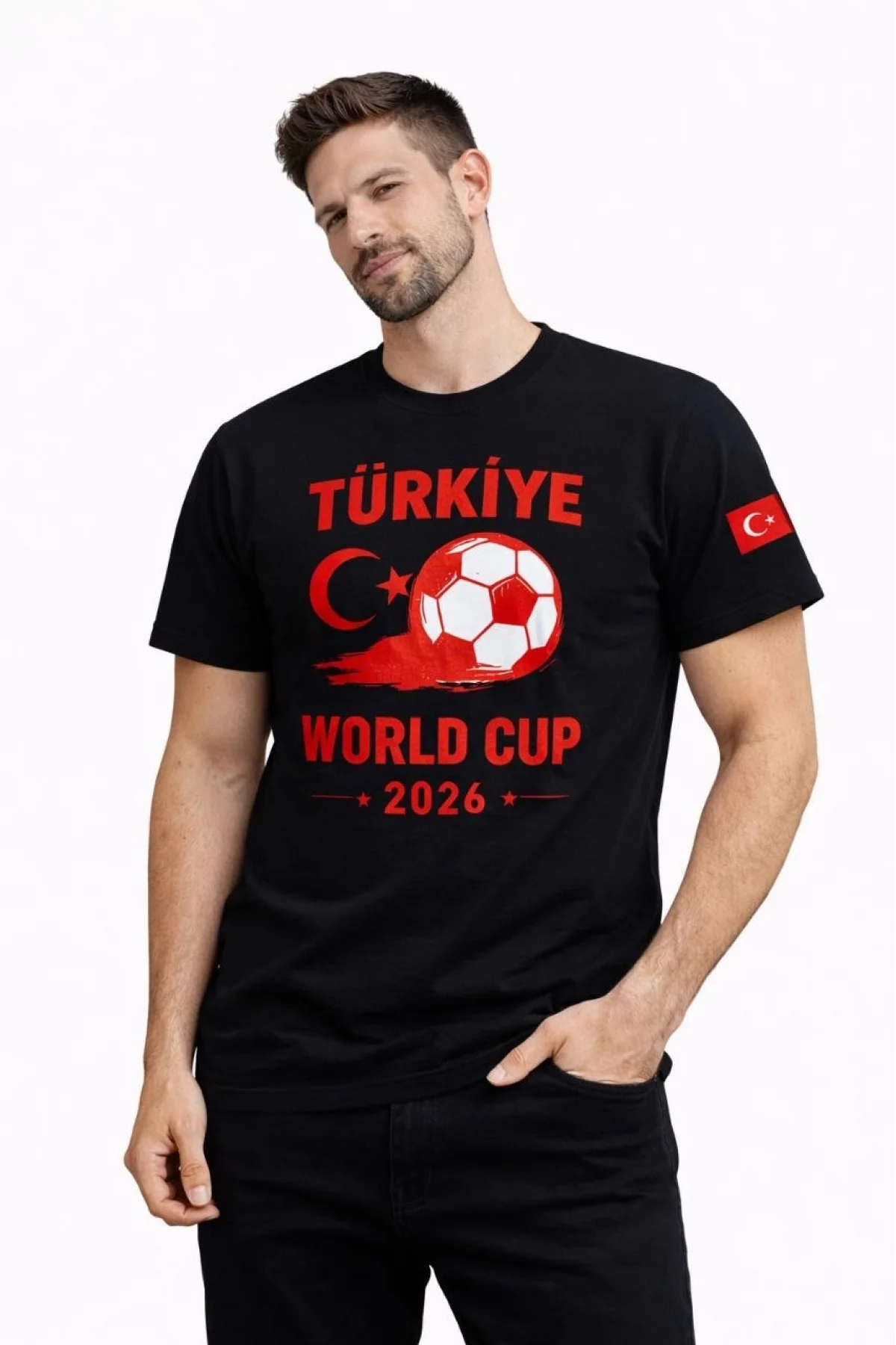 Erkek Türkiye World Cup 2026 Baskılı Tişört Futbol Temalı Forma T-Shirt - Siyah