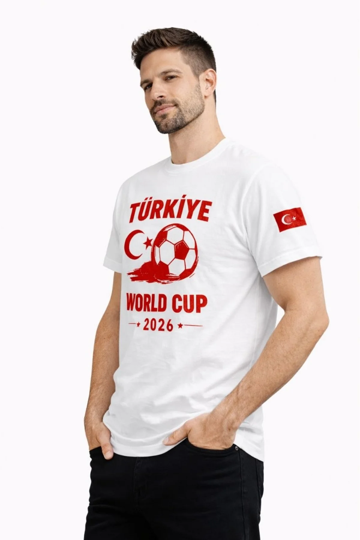 Erkek Türkiye World Cup 2026 Baskılı Tişört Futbol Temalı Forma T-Shirt - Beyaz