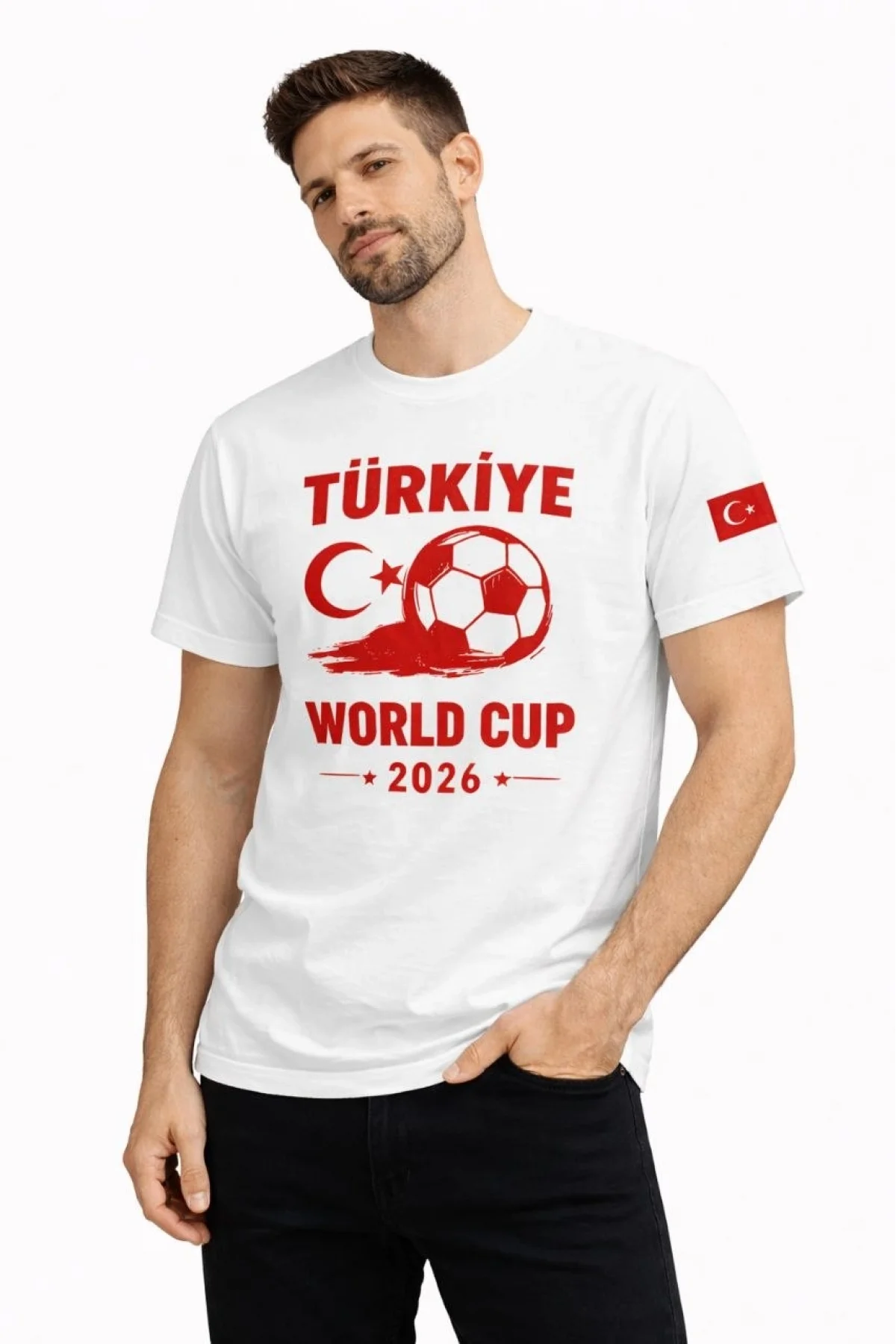 Erkek Türkiye World Cup 2026 Baskılı Tişört Futbol Temalı Forma T-Shirt - Beyaz