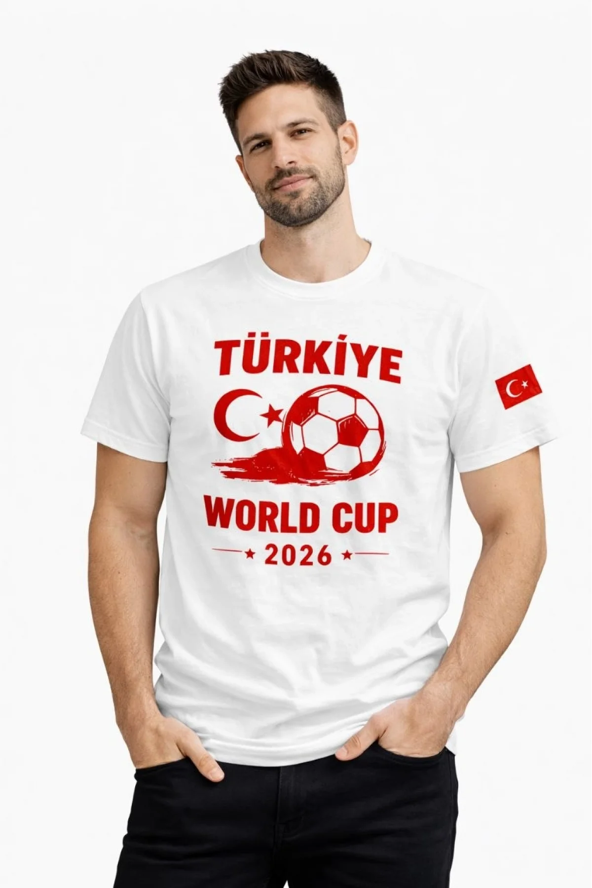 Erkek Türkiye World Cup 2026 Baskılı Tişört Futbol Temalı Forma T-Shirt - Beyaz