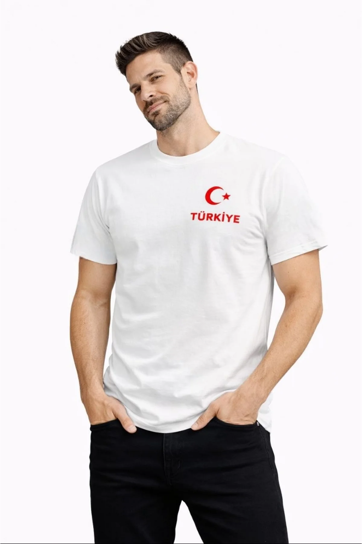 Erkek TÜRKİYE Ay Yıldız Baskılı Taraftar Forma T-Shirt - Beyaz