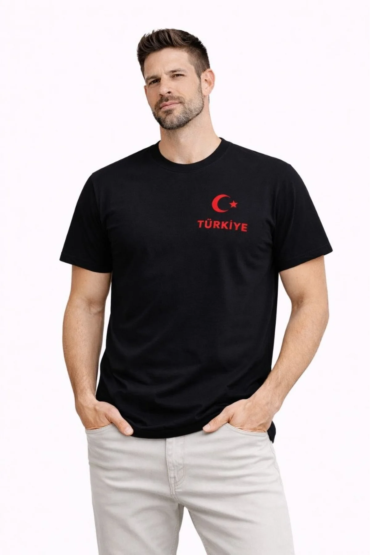 Erkek TÜRKİYE Ay Yıldız Baskılı Taraftar Forma T-Shirt - Siyah