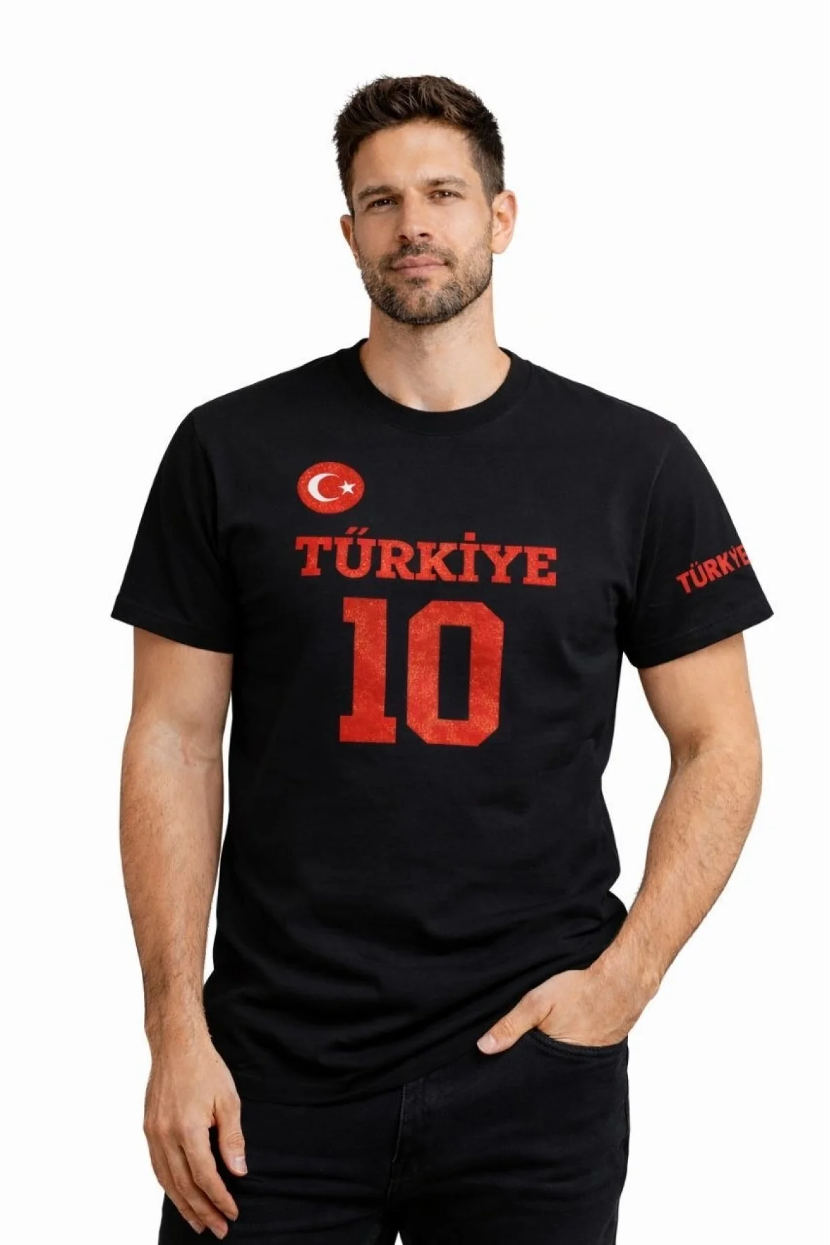 Erkek TÜRKİYE Ay Yıldız Baskılı 10 Numara Forma Tişört Taraftar T-Shirt - Siyah