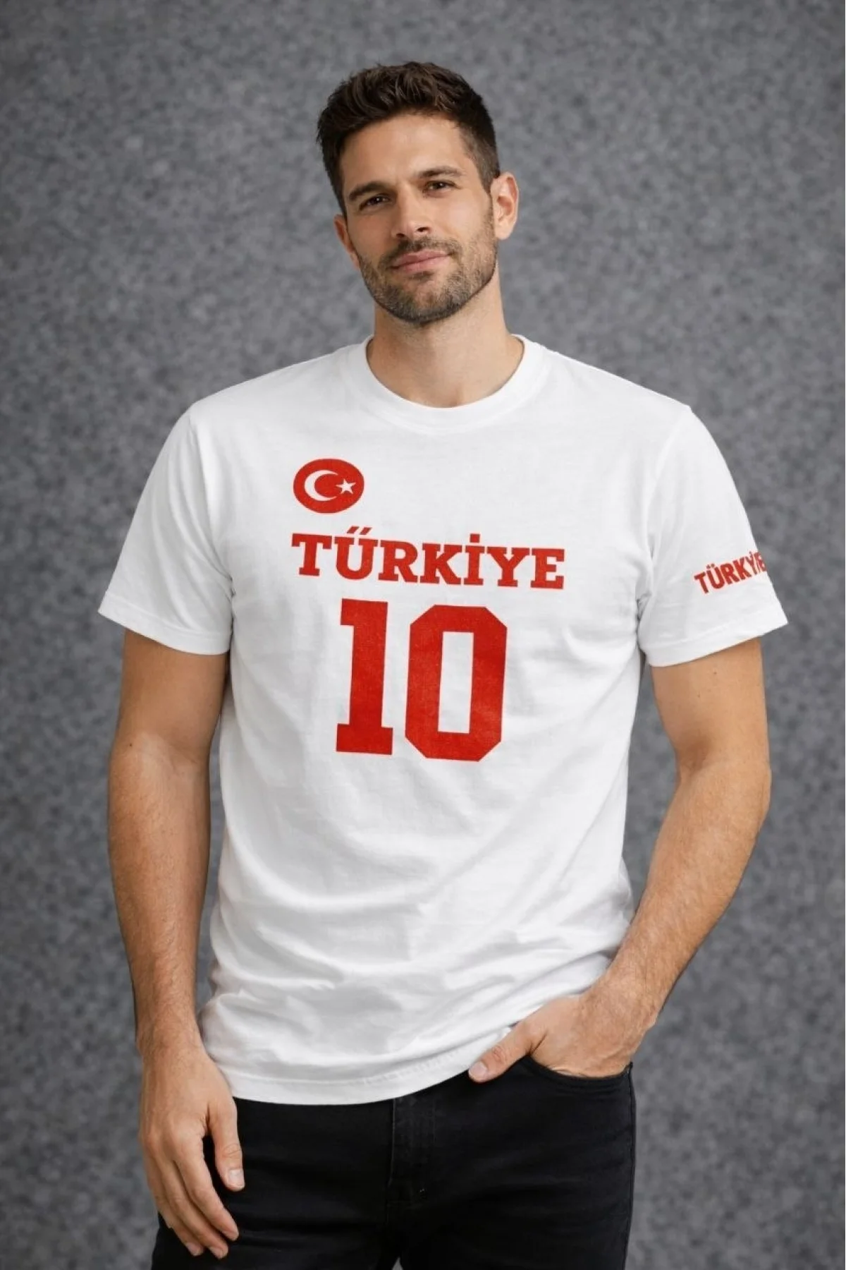 Erkek TÜRKİYE Ay Yıldız Baskılı 10 Numara Forma Tişört Taraftar T-Shirt - Beyaz