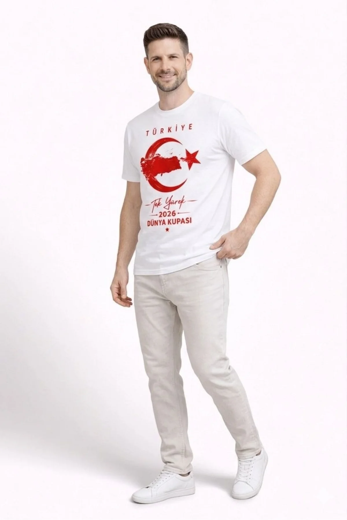 Erkek TÜRKİYE Ay Yıldız Baskılı Taraftar Forma T-Shirt - Beyaz