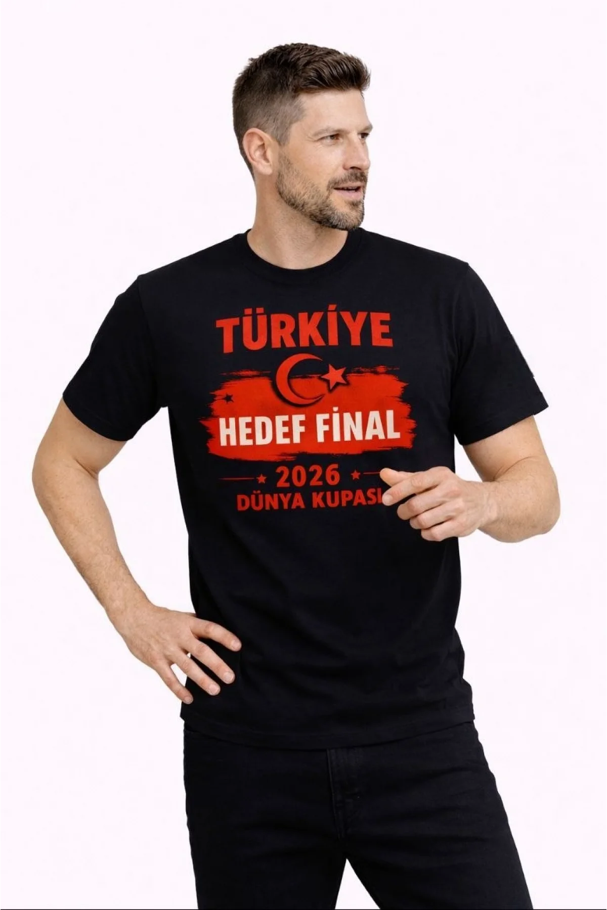 Erkek TÜRKİYE Baskılı Tişört Ay Yıldız 2026 Dünya Kupası Taraftar Forma T-Shirt - Siyah