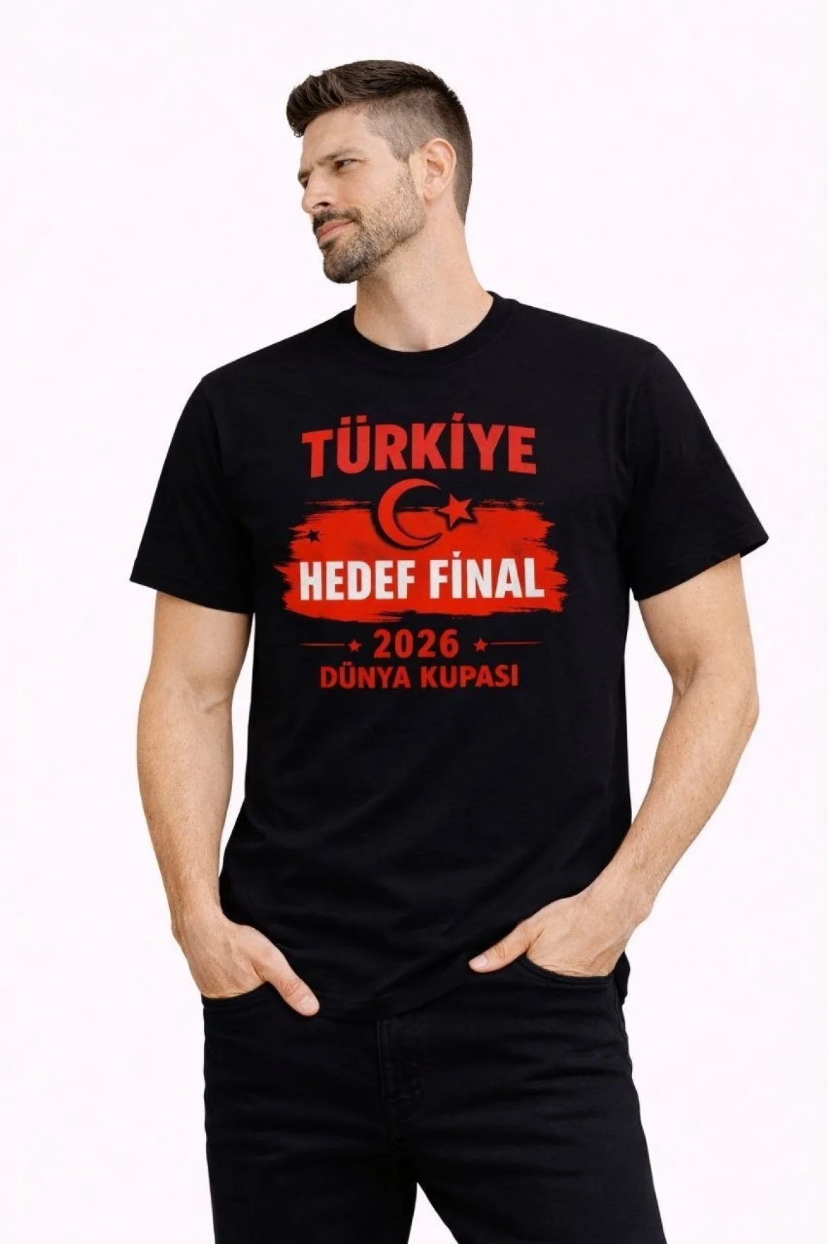 Erkek TÜRKİYE Baskılı Tişört Ay Yıldız 2026 Dünya Kupası Taraftar Forma T-Shirt - Siyah