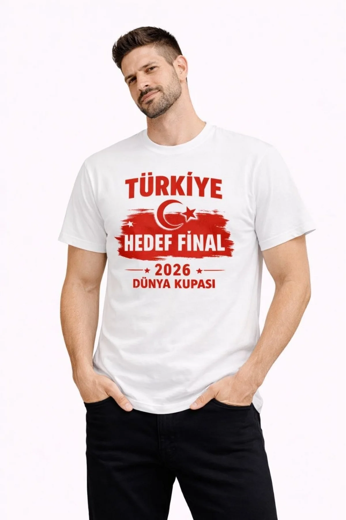 Erkek TÜRKİYE Baskılı Tişört Ay Yıldız 2026 Dünya Kupası Taraftar Forma T-Shirt - Beyaz
