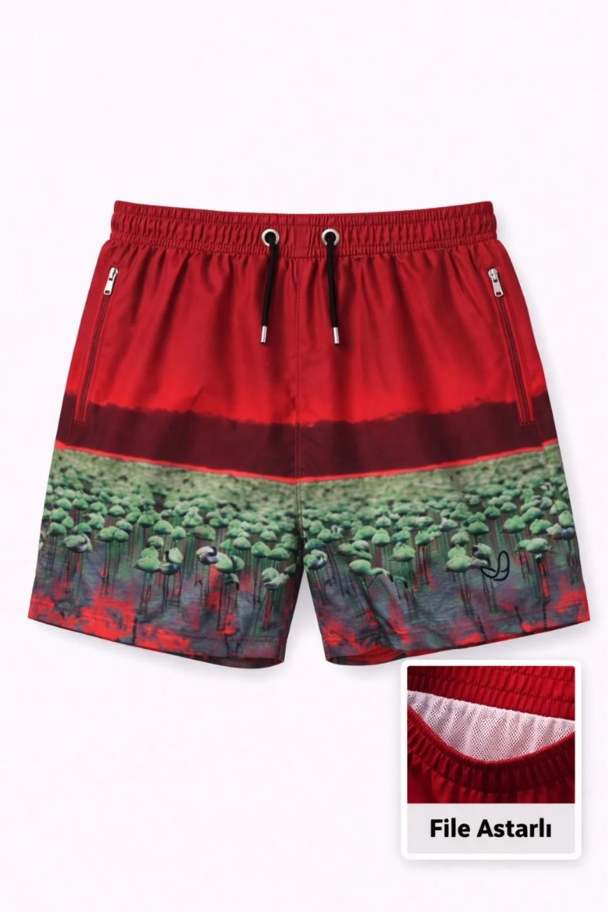 Erkek Deniz Şortu Fermuarlı Cepli File Astarlı Hızlı Kuruyan Premium - Kırmızı