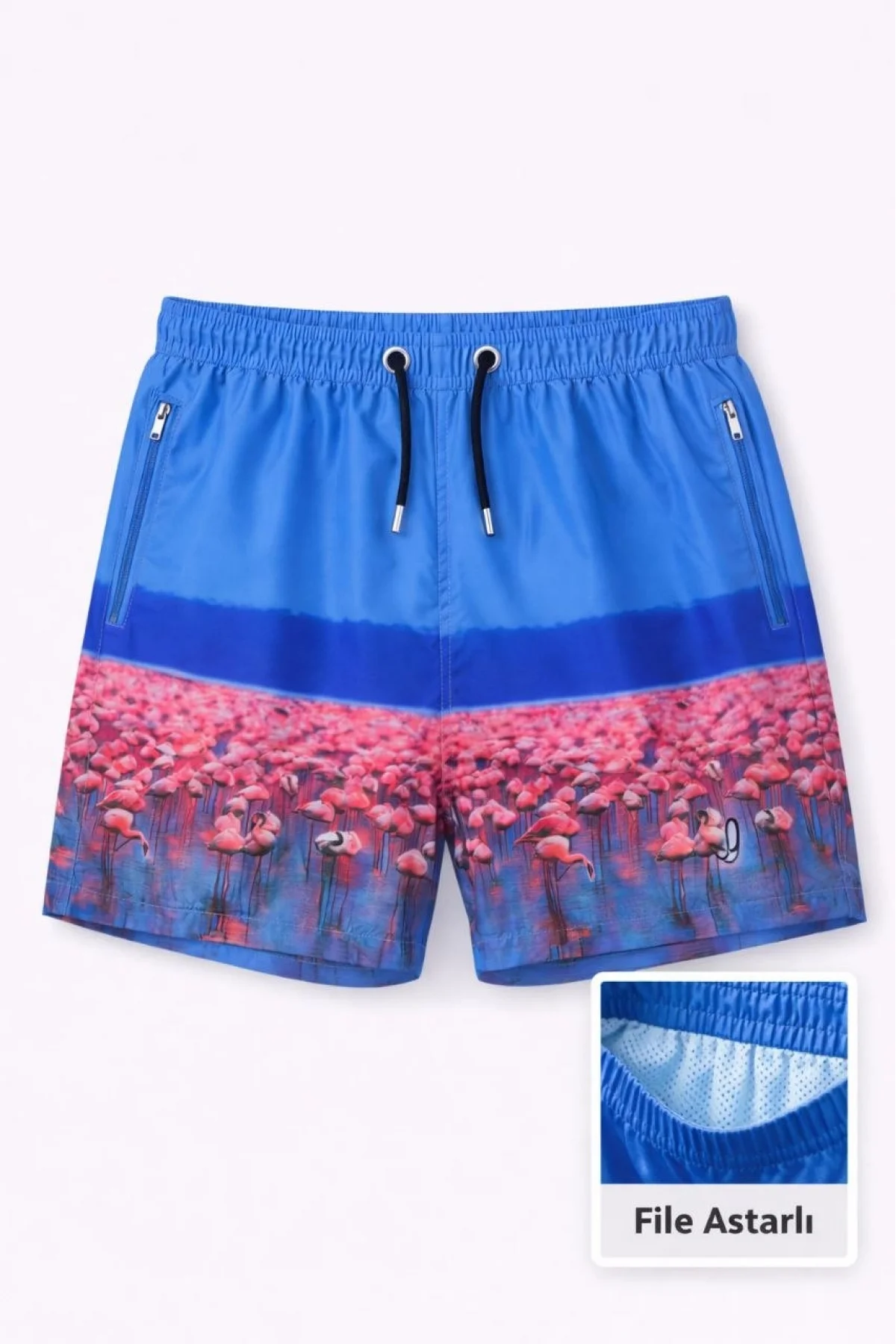 Erkek Deniz Şortu Fermuarlı Cepli File Astarlı Hızlı Kuruyan Premium - Mavi
