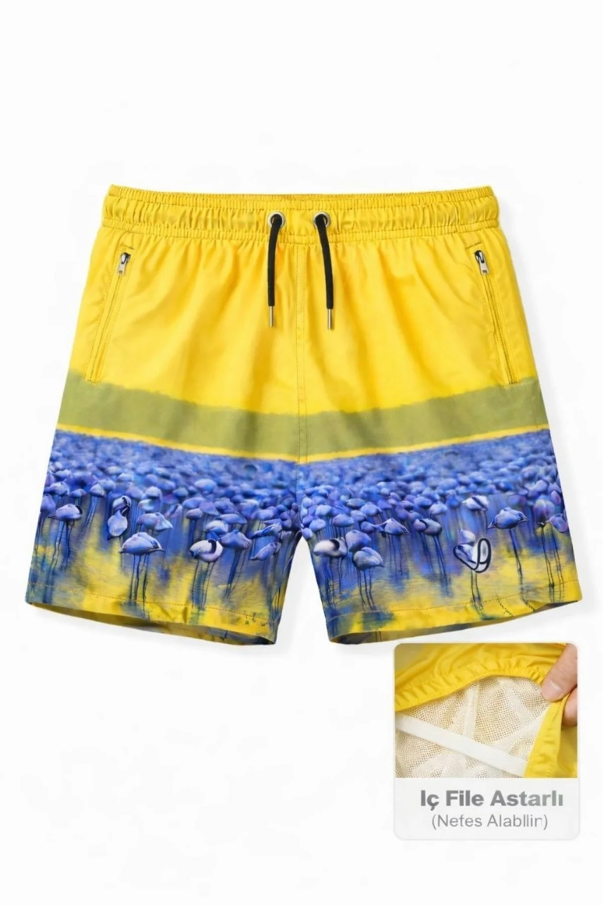 Erkek Deniz Şortu Fermuarlı Cepli File Astarlı Hızlı Kuruyan Premium - Sarı