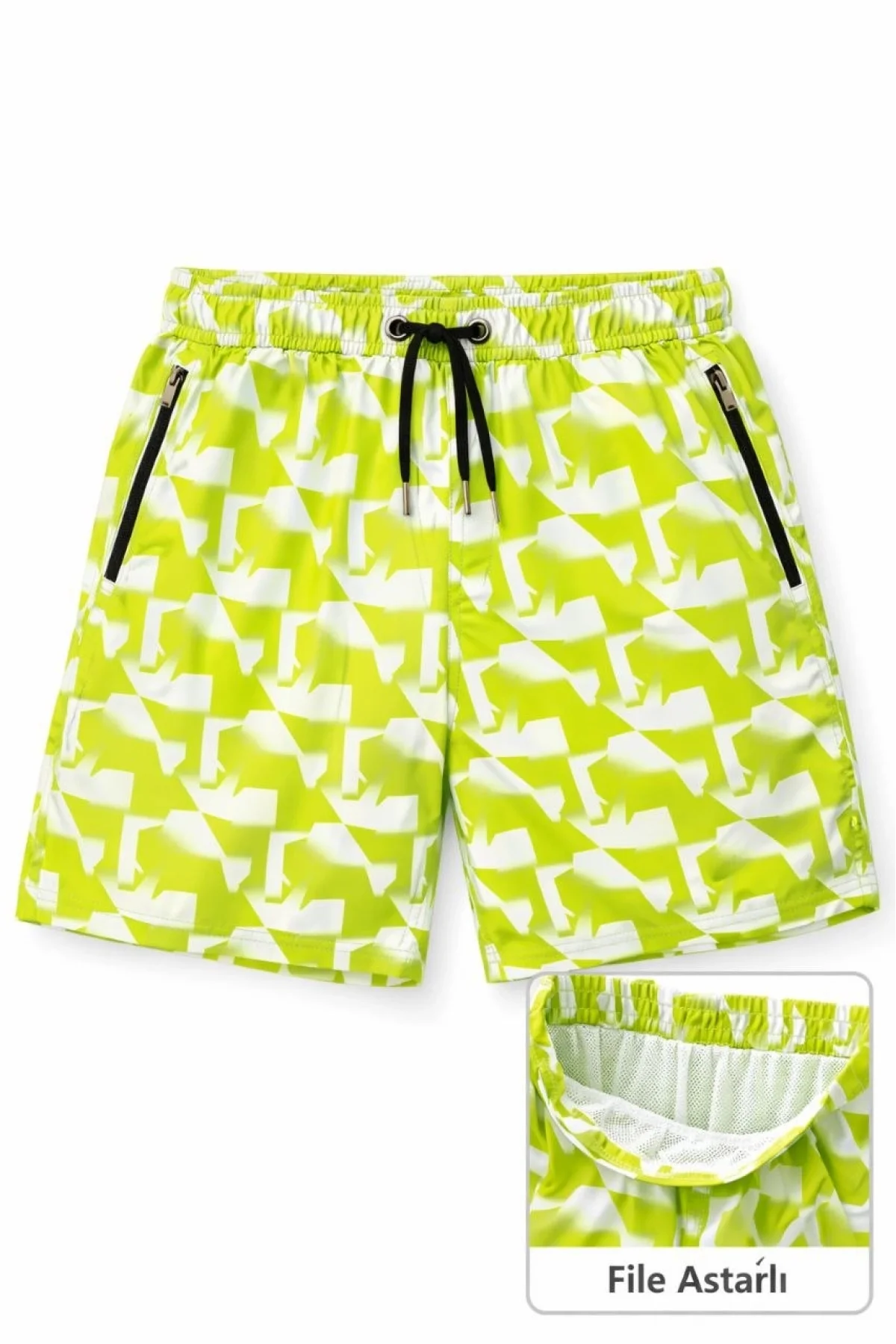 Erkek Deniz Şortu Fermuarlı Cepli File Astarlı Hızlı Kuruyan Premium - Sarı