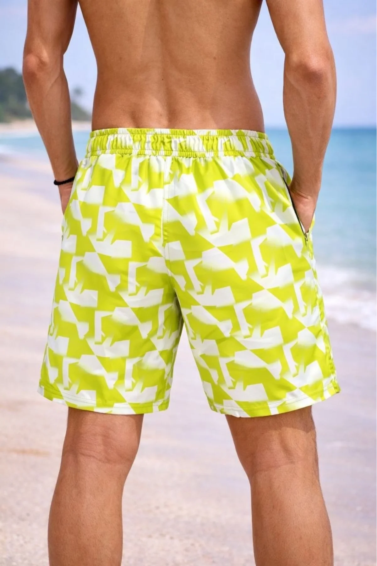 Erkek Deniz Şortu Fermuarlı Cepli File Astarlı Hızlı Kuruyan Premium - Sarı