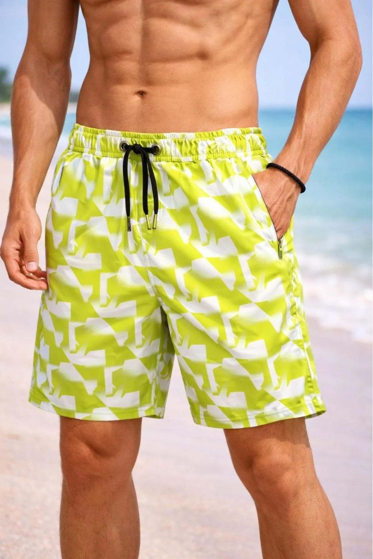 Erkek Deniz Şortu Fermuarlı Cepli File Astarlı Hızlı Kuruyan Premium - Sarı