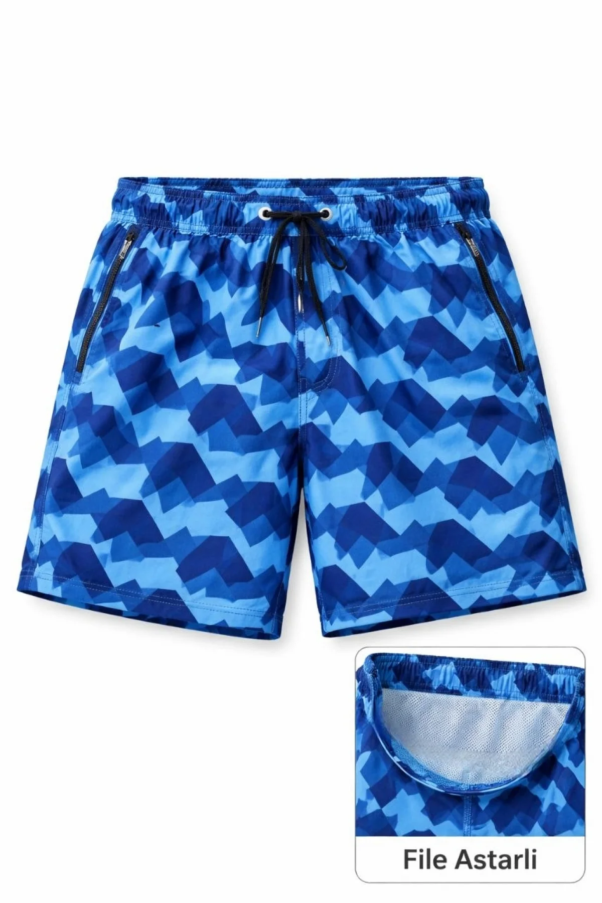 Erkek Deniz Şortu Fermuarlı Cepli File Astarlı Hızlı Kuruyan Premium - Mavi