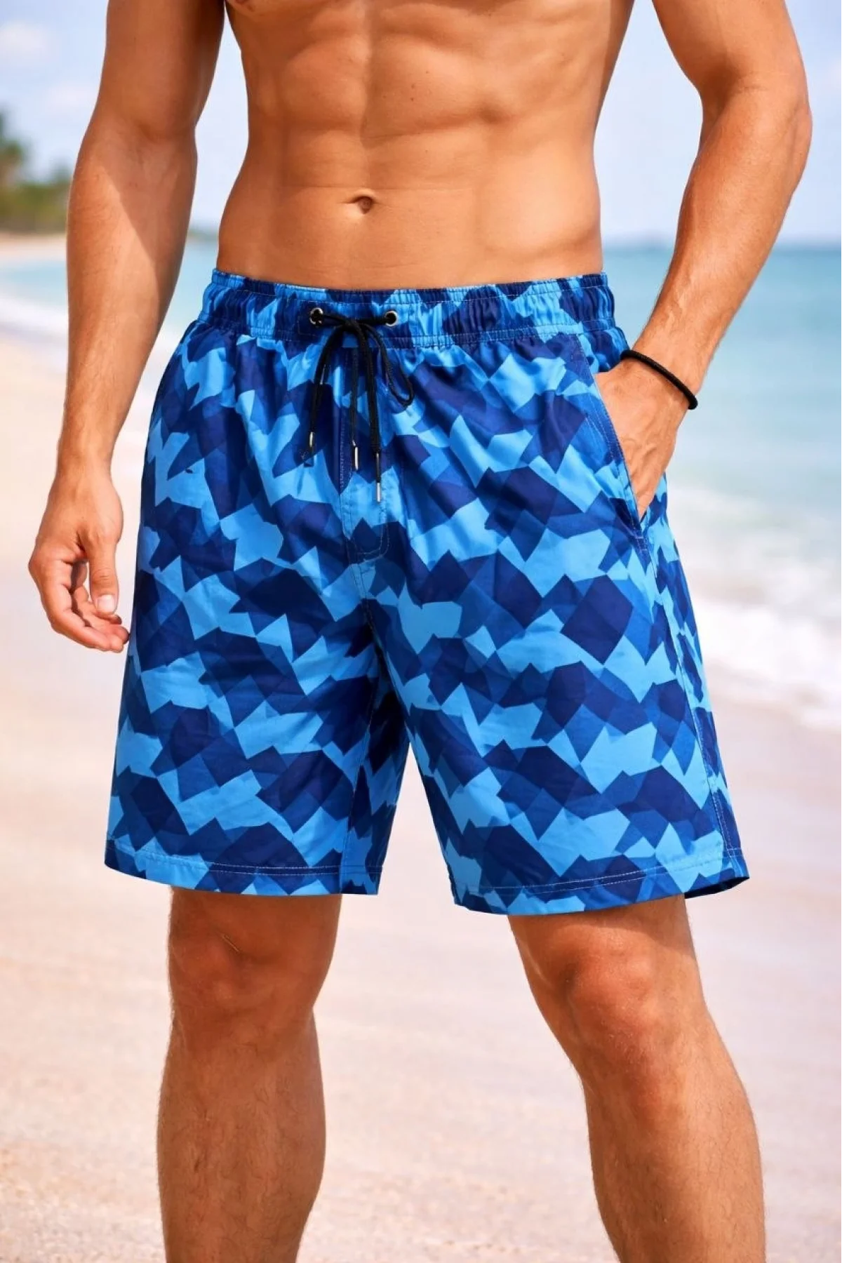 Erkek Deniz Şortu Fermuarlı Cepli File Astarlı Hızlı Kuruyan Premium - Mavi